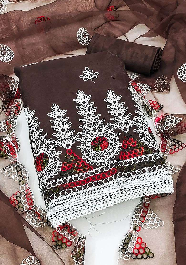 Brown Embroidered Organza Pakistani Suit Set - Indya