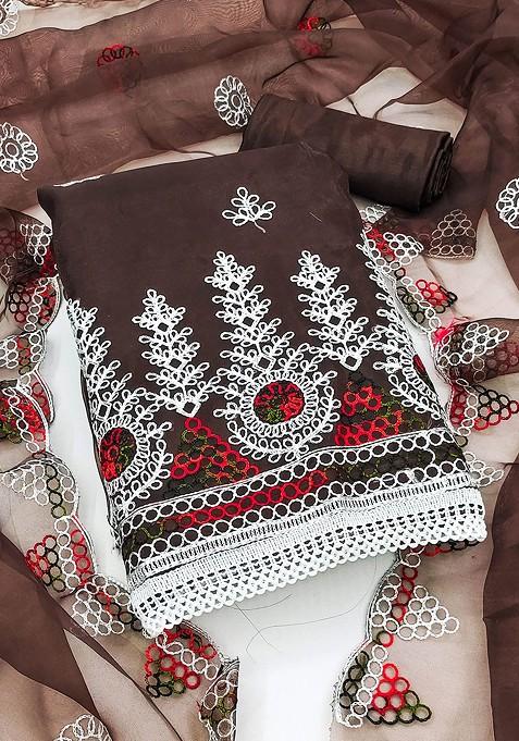 Brown Embroidered Organza Kurta Set