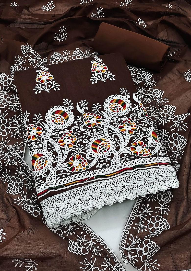 Brown Embroidered Cotton Kurta Set - Indya