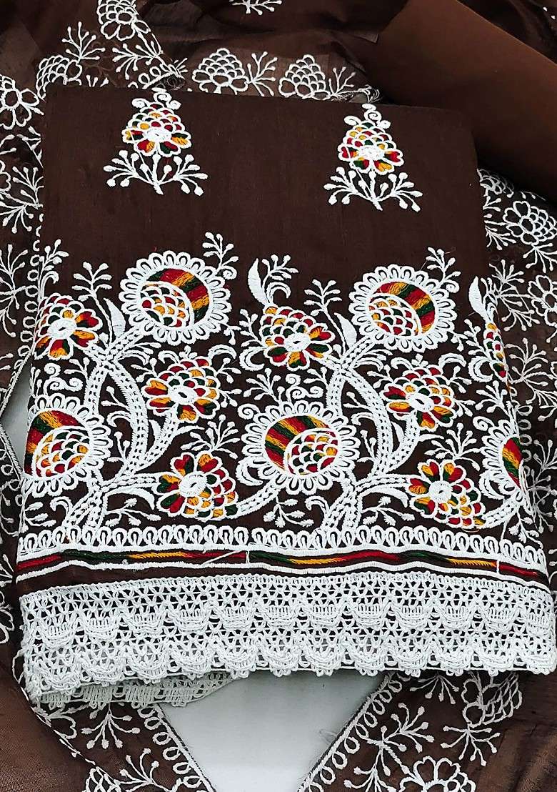 Brown Embroidered Cotton Pakistani Suit Set - Indya