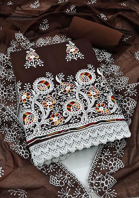 Brown Embroidered Cotton Pakistani Suit Set