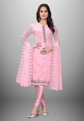 Pink Embroidered Poly Blend Kurta Set