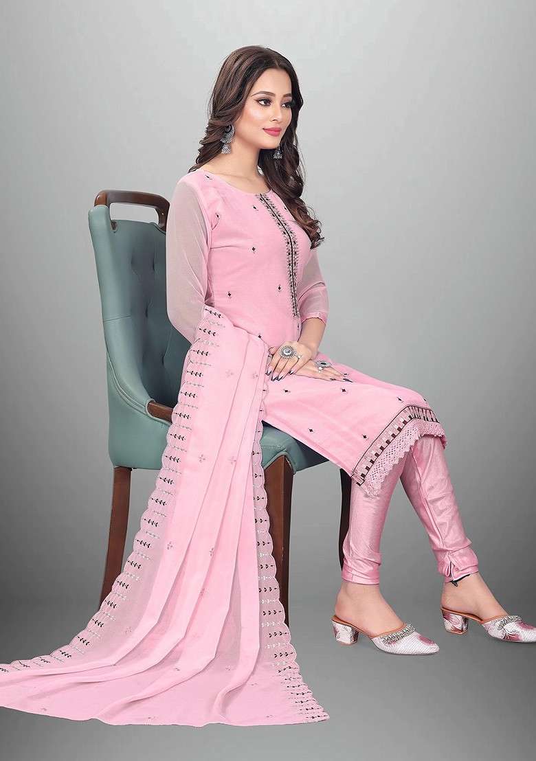 Pink Mirror Work Blended Straight Kurta Set - Indya