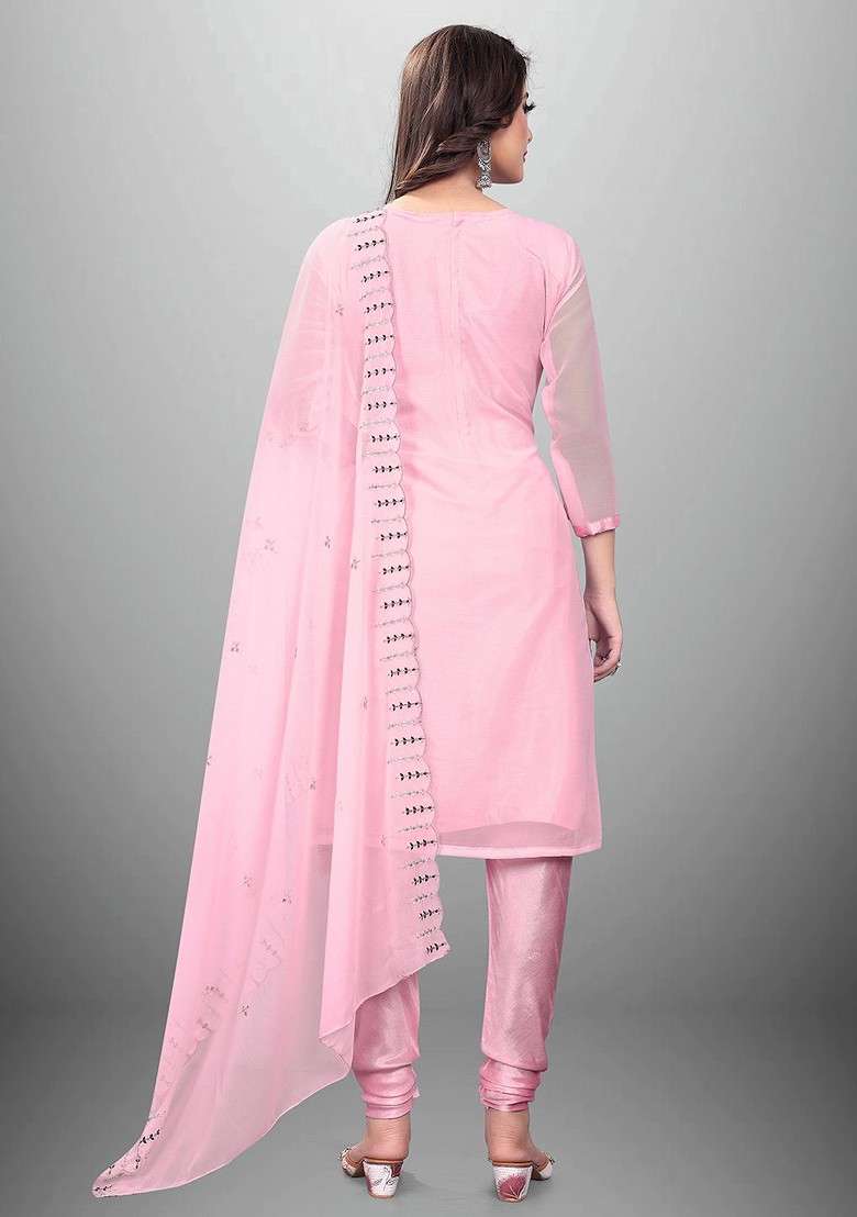 Pink Mirror Work Blended Straight Kurta Set - Indya
