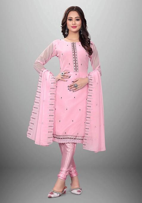 Pink Embroidered Poly Blend Kurta Set