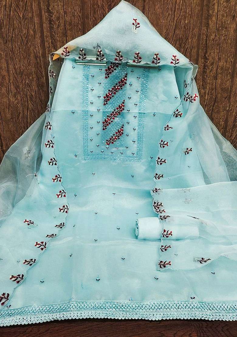 Sea Green Embroidered Organza Straight Kurta Set - Indya