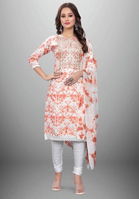 Orange Embroidered Poly Blend Kurta Set