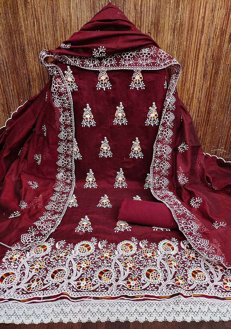 Maroon Embroidered Blended Straight Kurta Set - Indya