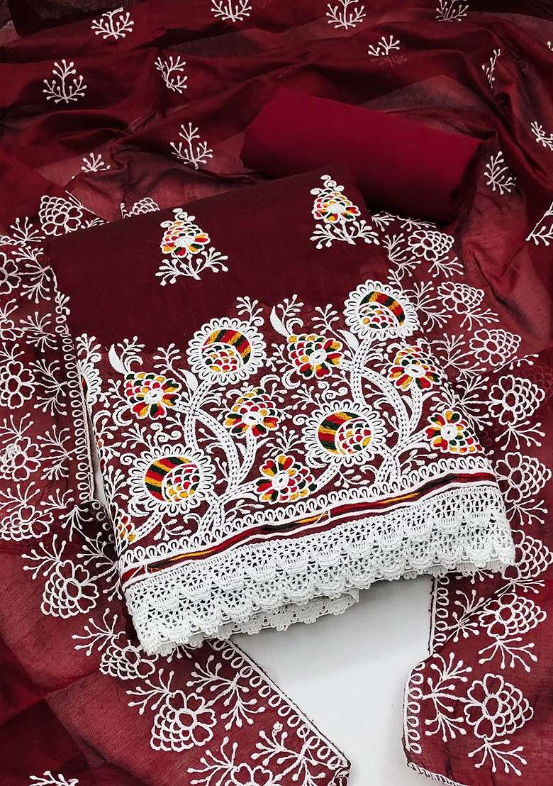 Maroon Embroidered Blended Straight Kurta Set - Indya