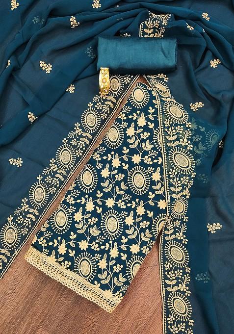 Teal Embroidered Poly Blend Kurta Set