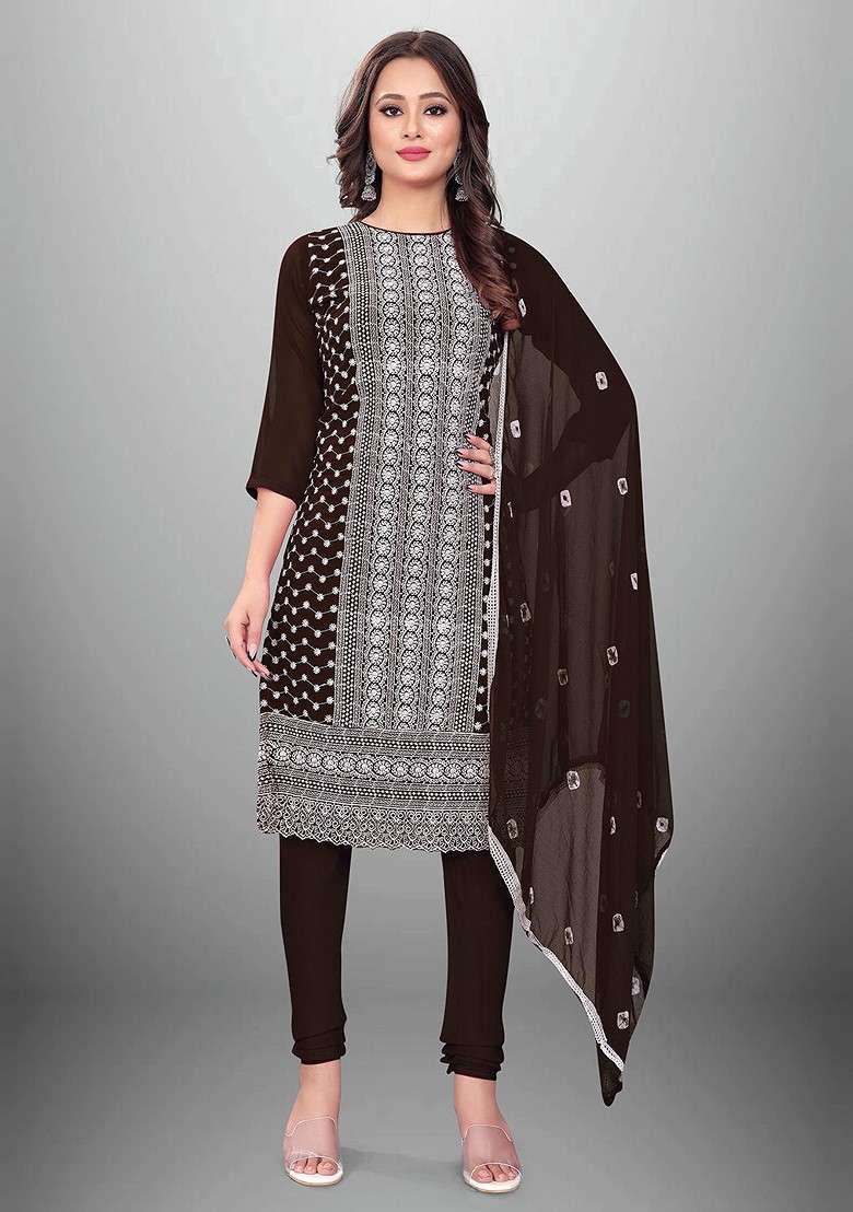 Brown Embroidered Poly Blend Kurta Set - Indya