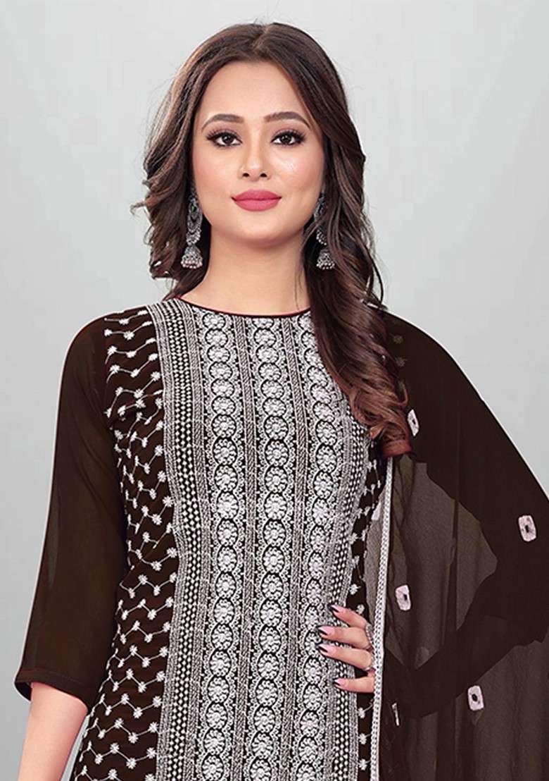 Brown Embroidered Poly Blend Kurta Set - Indya