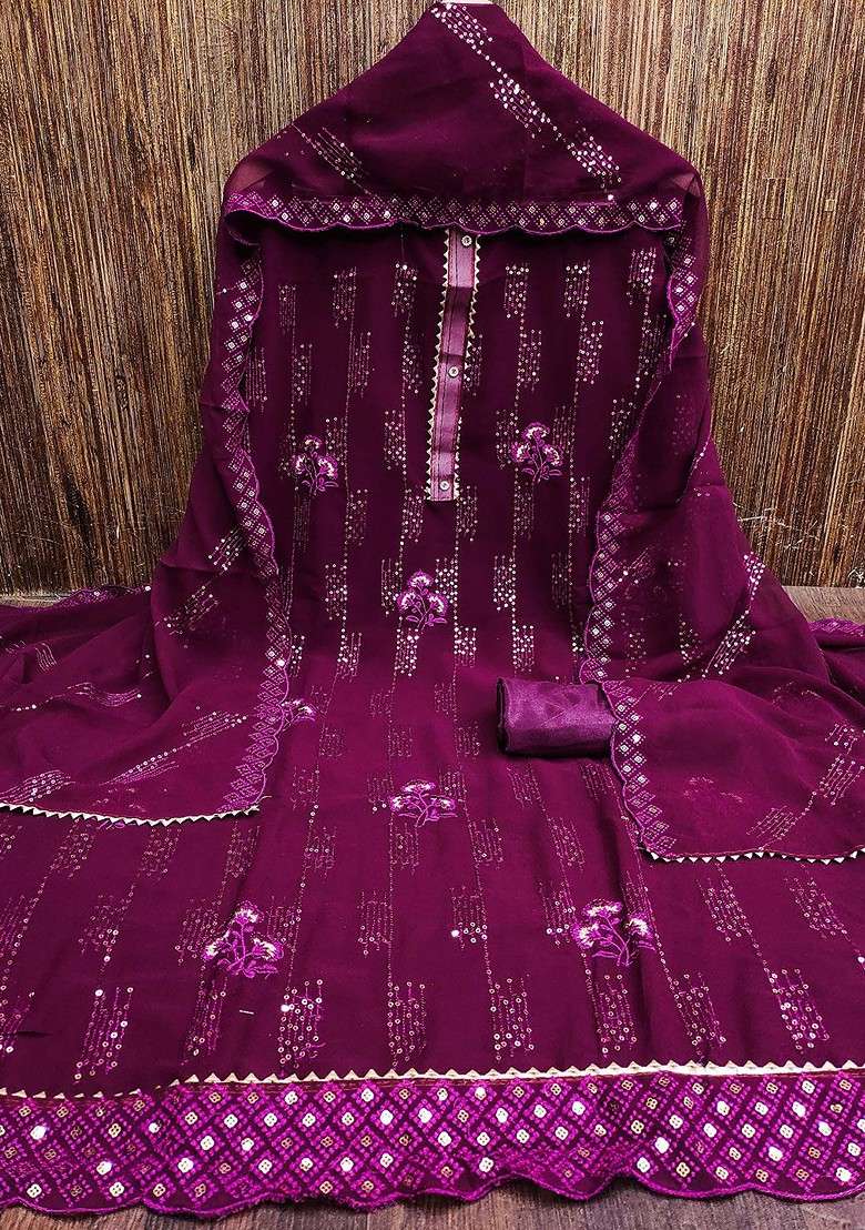 Purple Embroidered Blended Straight Kurta Set - Indya