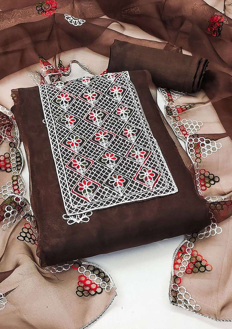 Brown Embroidered Organza Straight Kurta Set - Indya