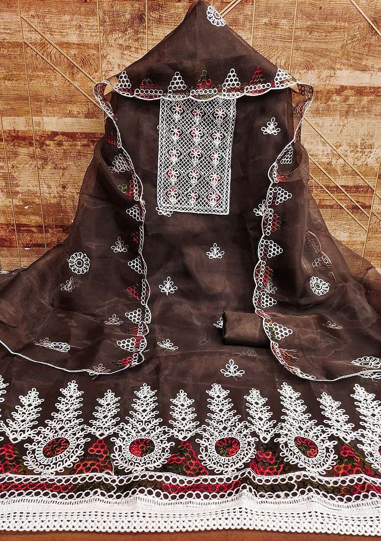 Brown Embroidered Organza Straight Kurta Set - Indya