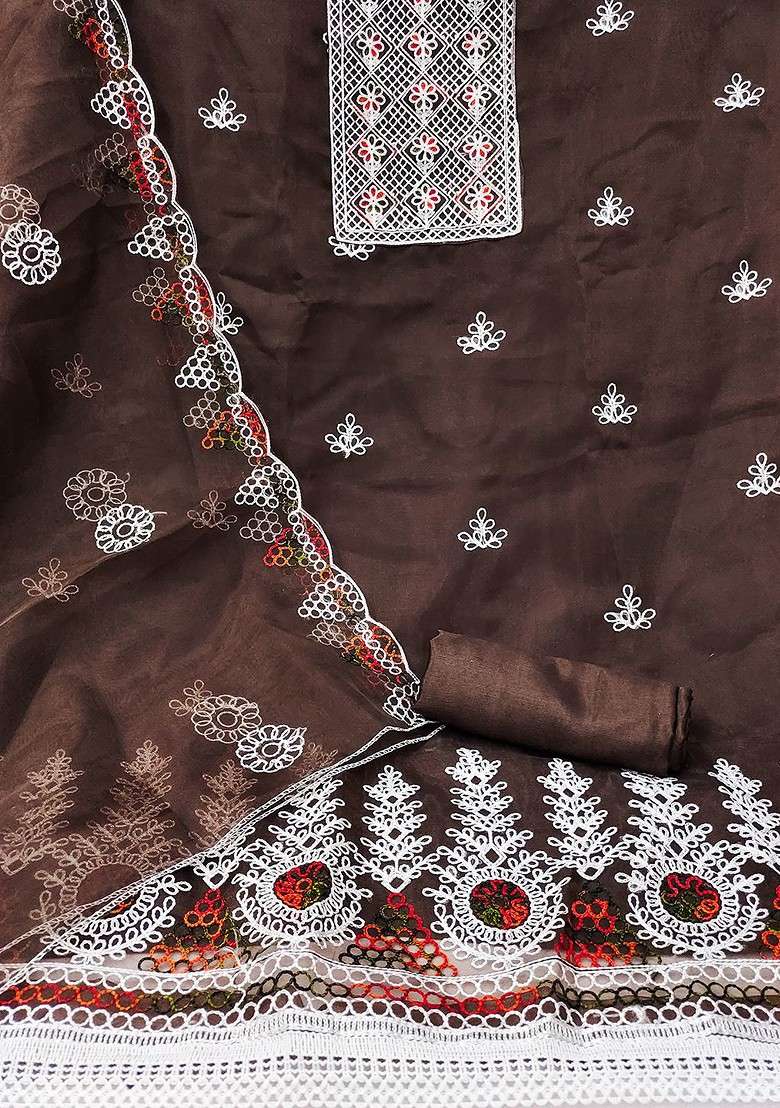 Brown Embroidered Organza Straight Kurta Set - Indya