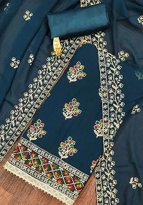 Teal Embroidered Poly Blend Kurta Set