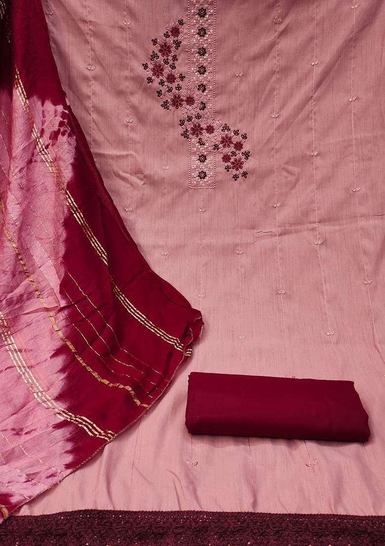 Peach Embroidered Blended Straight Kurta Set - Indya