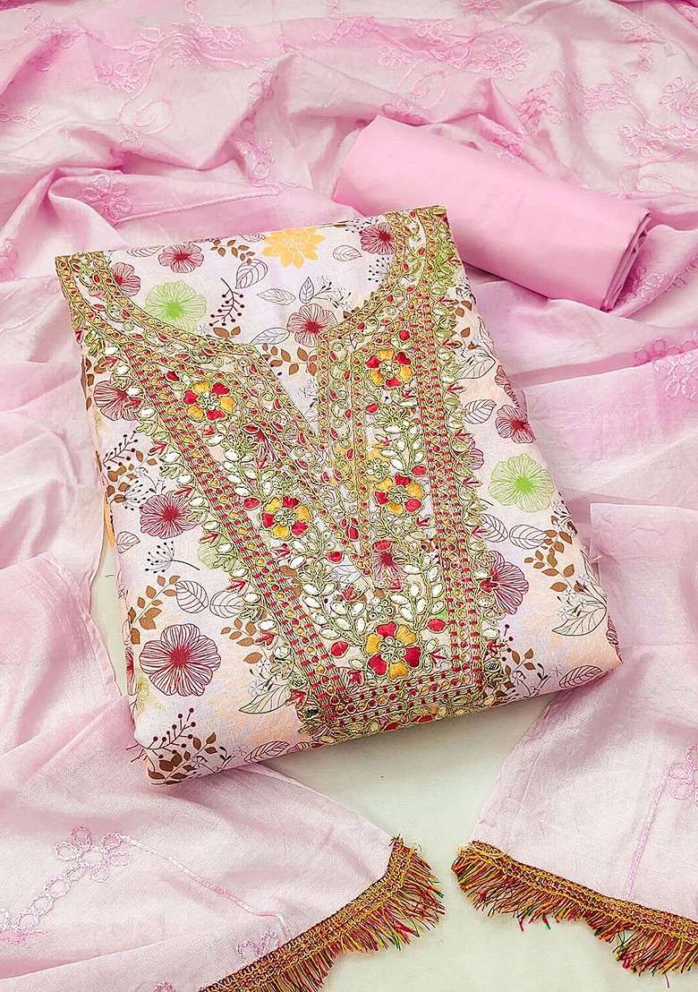 Pink Embroidered Blended Straight Kurta Set - Indya