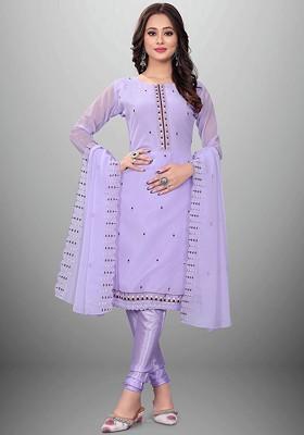 Purple Embroidered Poly Blend Kurta Set
