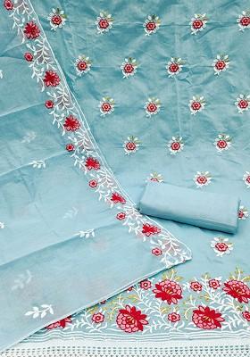 Blue Embroidered Poly Blend Kurta Set