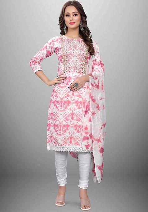 Pink Tie And Dye Print Poly Blend Kurta Set