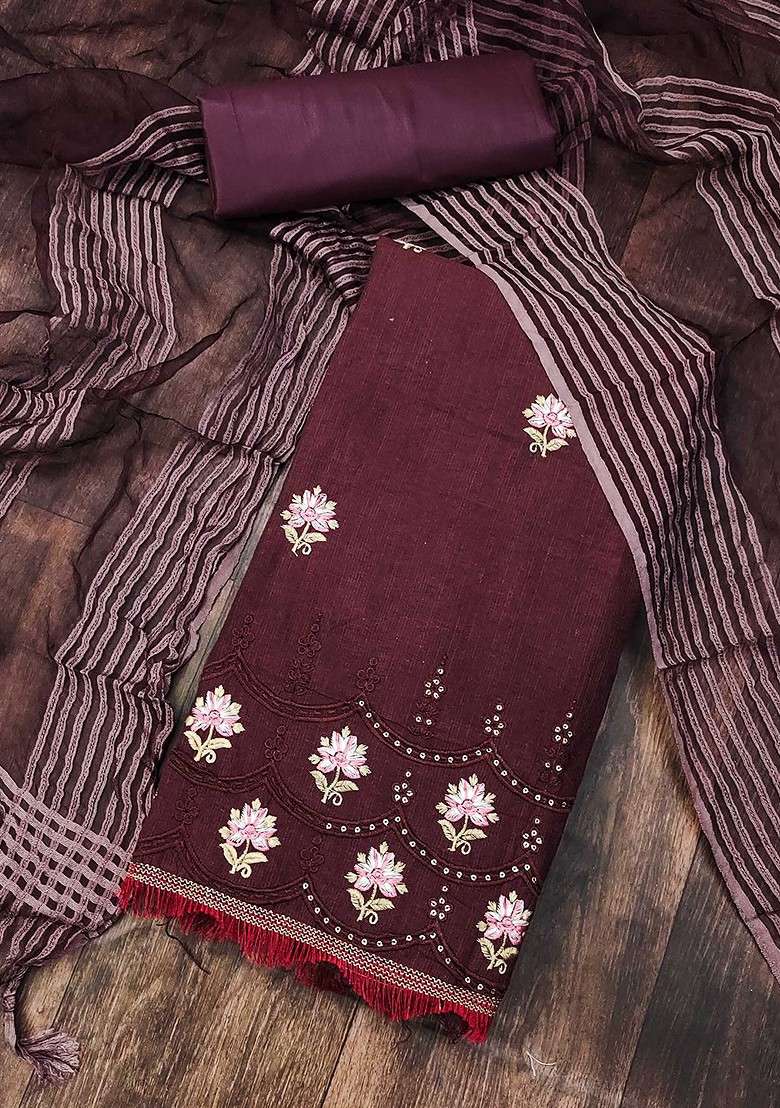 Magenta Embroidered Blended Punjabi Suit - Indya