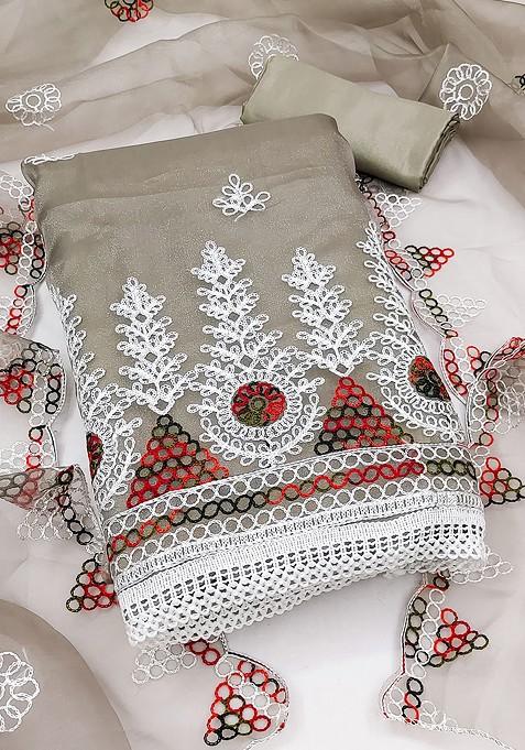 Grey Embroidered Organza Kurta Set