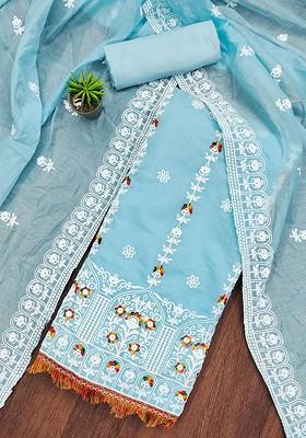 Blue Embroidered Poly Blend Kurta Set