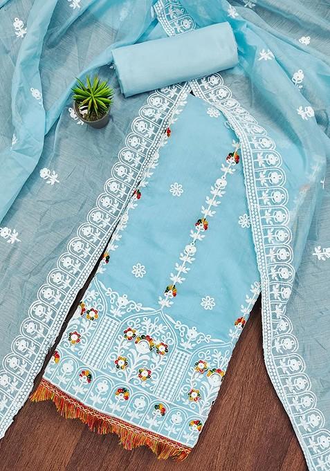 Blue Embroidered Poly Blend Kurta Set