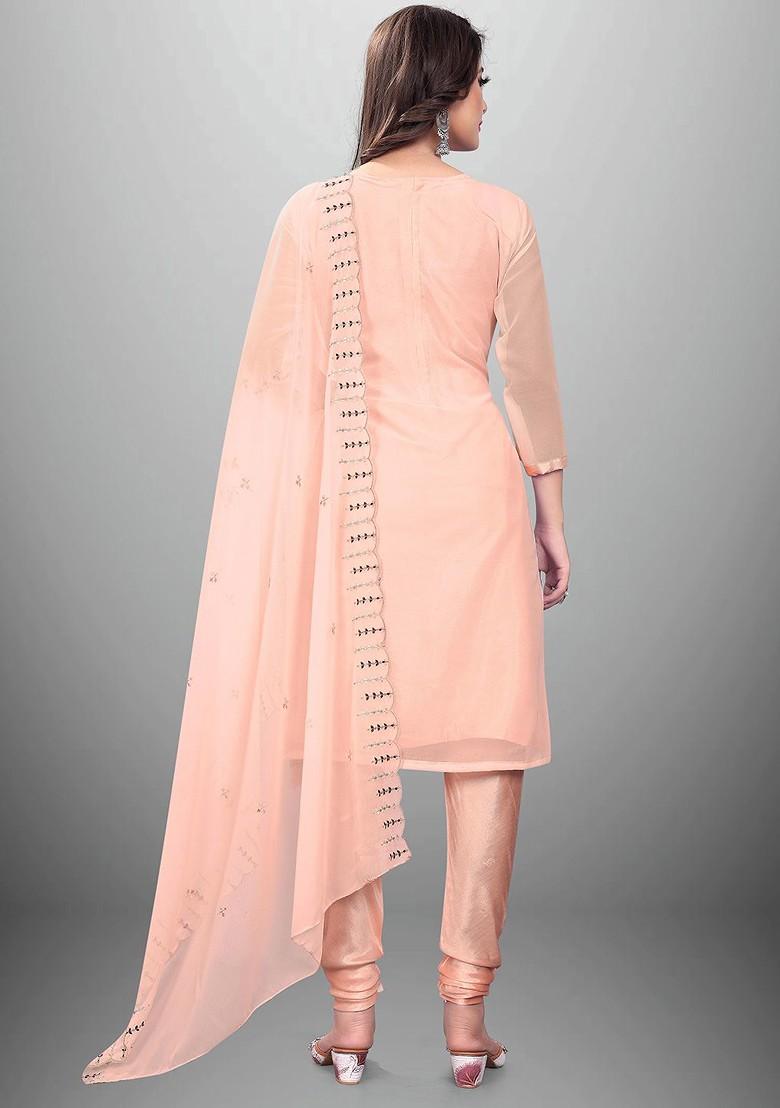 Peach Embroidered Poly Blend Kurta Set - Indya