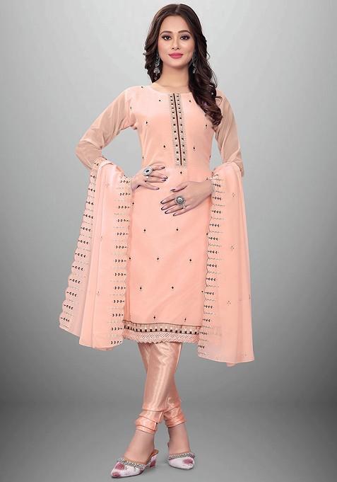 Peach Mirror Work Blended Straight Kurta Set