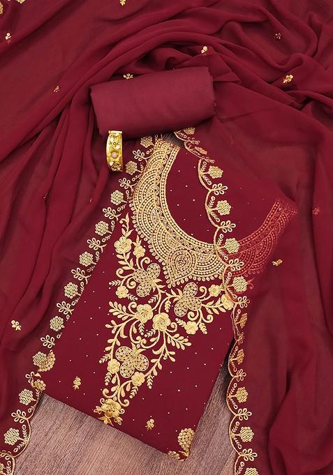 Maroon Embroidered Poly Blend Kurta Set