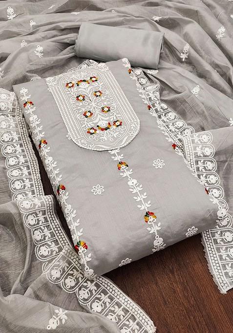 Grey Embroidered Poly Blend Kurta Set