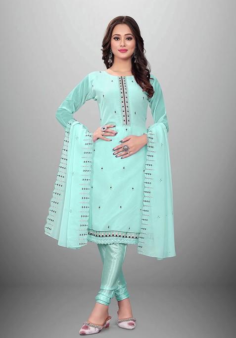 Sea Green Embroidered Poly Blend Kurta Set
