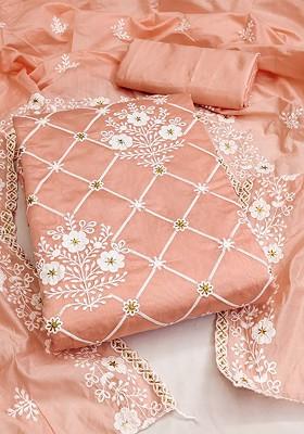 Peach Embroidered Poly Blend Kurta Set