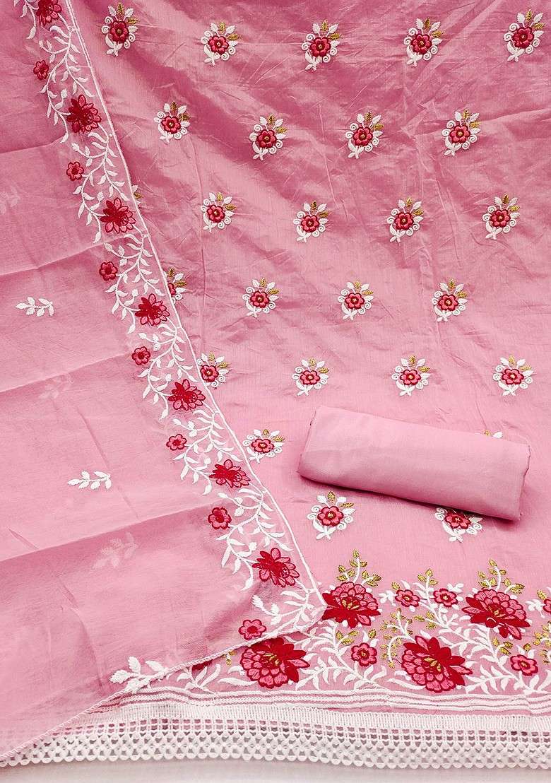 Pink Embroidered Blended Straight Kurta Set - Indya