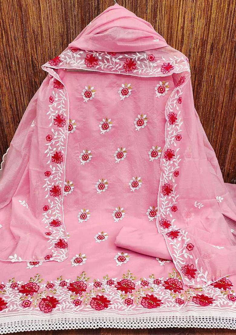 Pink Embroidered Blended Straight Kurta Set - Indya