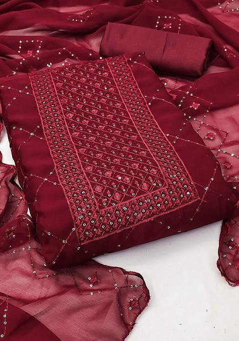 Maroon Embroidered Blended Straight Kurta Set
