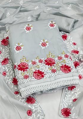 Grey Embroidered Poly Blend Kurta Set