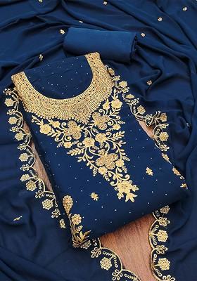 Blue Embroidered Poly Blend Kurta Set