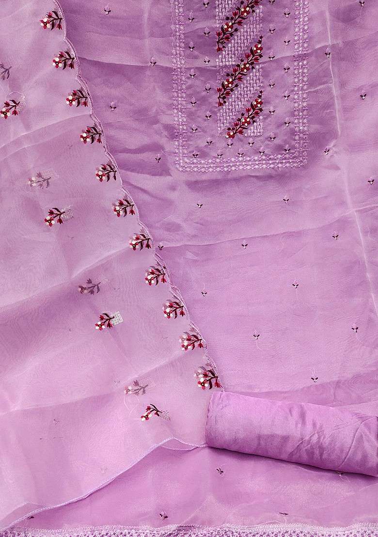 Purple Embroidered Organza Straight Kurta Set - Indya