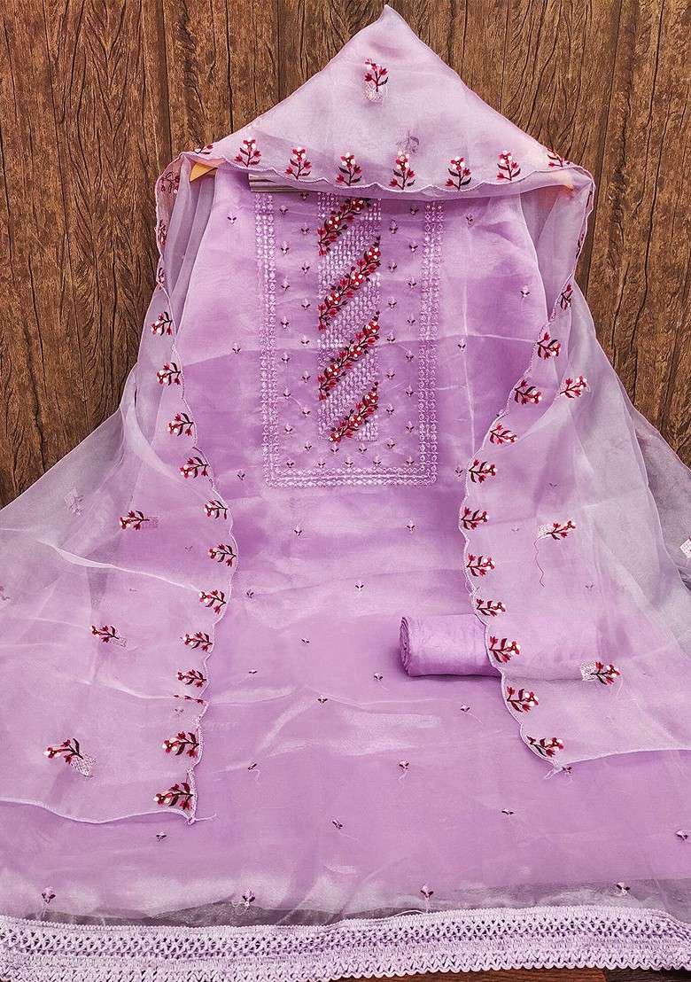 Purple Embroidered Organza Straight Kurta Set - Indya