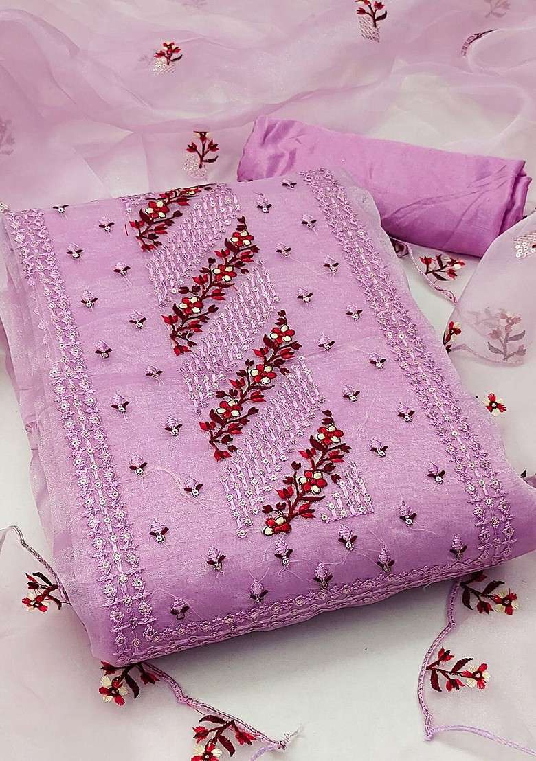 Purple Embroidered Organza Straight Kurta Set - Indya
