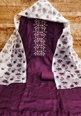 Purple Embroidered Poly Blend Kurta Set
