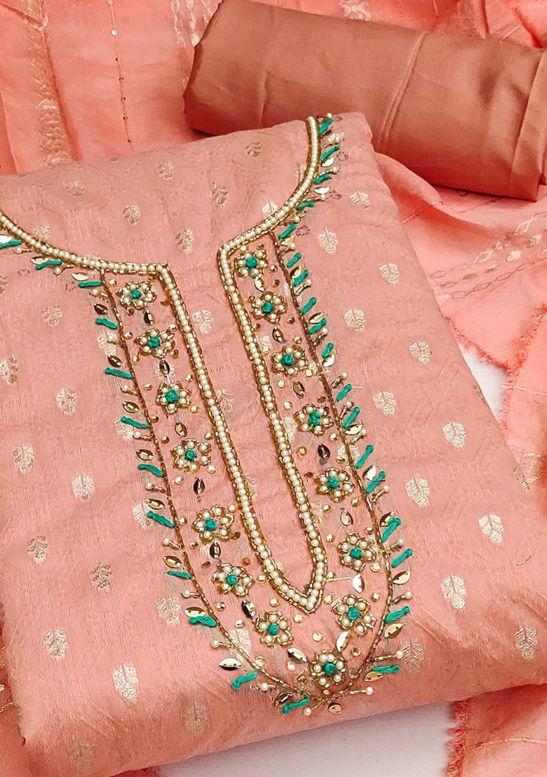 Peach Embellished Banarasi Jacquard Kurta Set