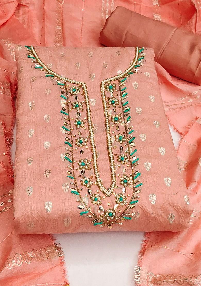 Peach Embellished Banarasi Jacquard Kurta Set - Indya