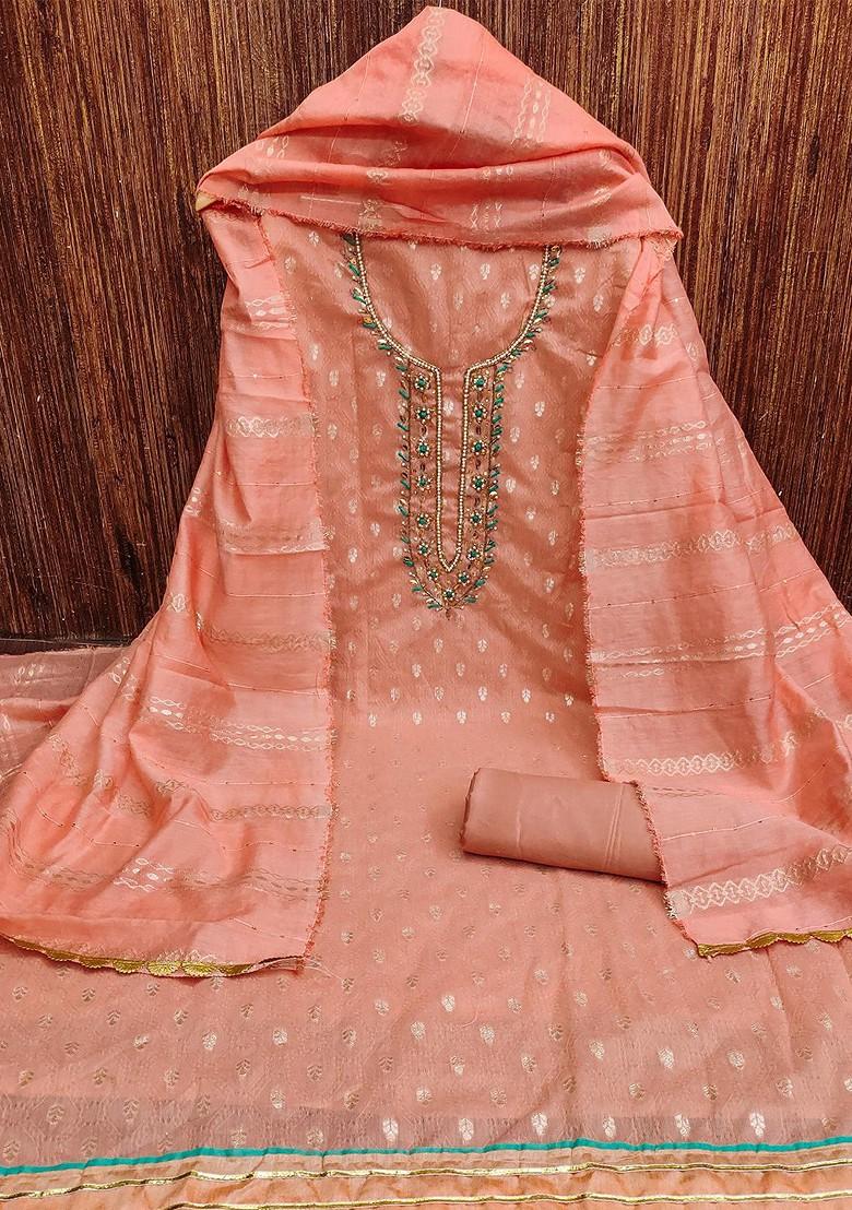Peach Embellished Banarasi Jacquard Kurta Set