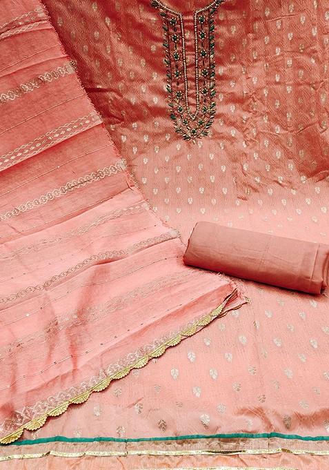 Peach Embellished Banarasi Jacquard Kurta Set