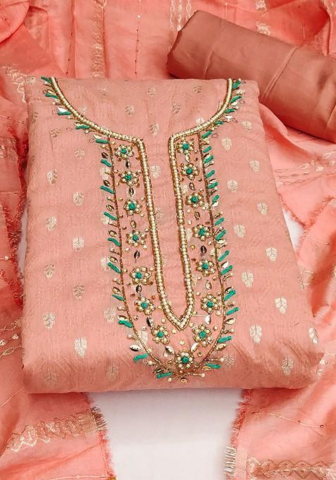 Peach Embellished Banarasi Jacquard Kurta Set